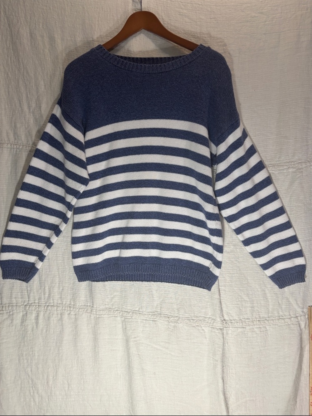 Norm Thompson Blue and White Striped Scoop-Neck Pullover 100% Cotton Made in USA